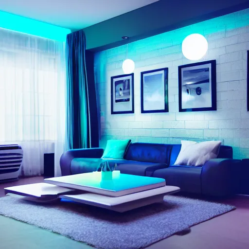 Prompt: futuristic looking living room, blue neon lights, contrasted, octane render