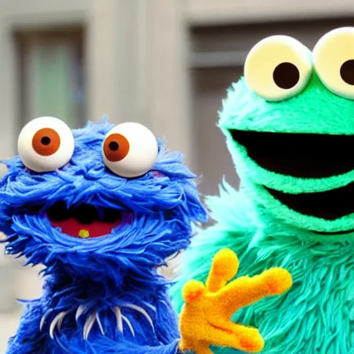 Prompt: Cookie Monster Muppet on Sesame Street smoking weed