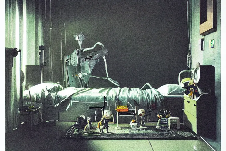 Image similar to IKEA catalogue photo, cyberpunk teenager bedroom, robots, by Beksiński