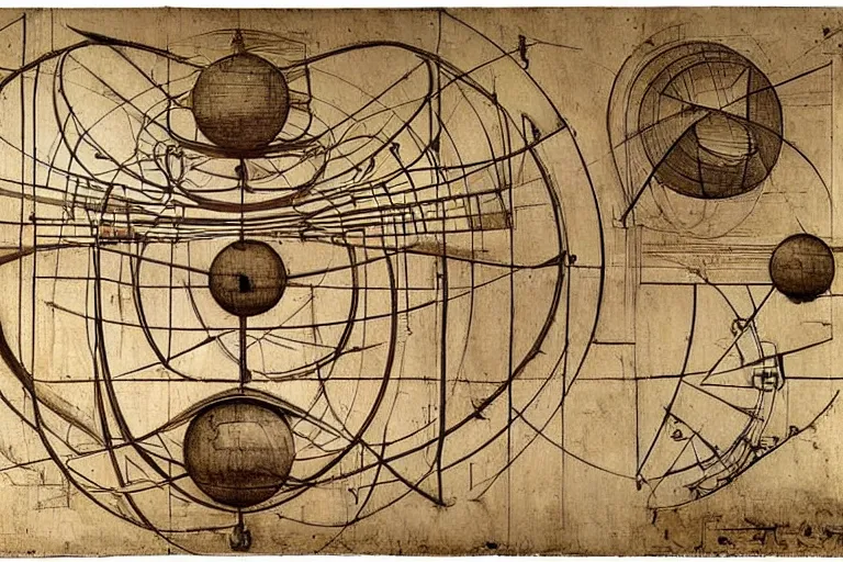 Prompt: construction draft of a wooden perpetuum mobile by Leonardo da Vinci, highly detailed, geometric shape, spheres, wheels, symmetry, with small handwritten notes