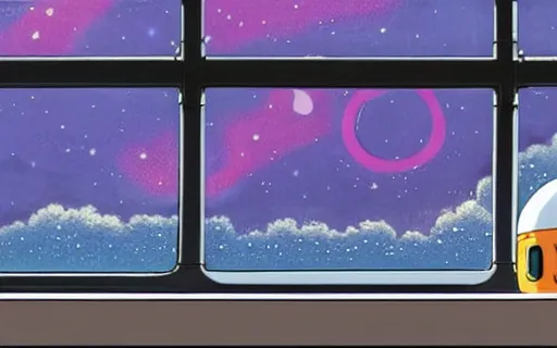 Prompt: a train with outer space visible through the window, art by hayao miyazaki, studio ghibli film, hi res, 4k, high detail