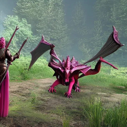 Prompt: a girl dressed in a pink knight armor fights a huge red dragon in the deep forest, highly detailed, intrusion atmosphere, unreal engine