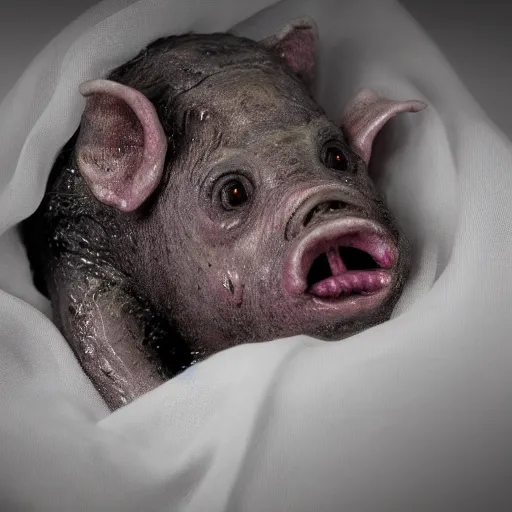 Image similar to a highly detailed realistic photographic render of a stillborn humanoid pig creature, stillborn, infant swine human hybrid, baby creature, creepy, horror, horror scene, cinematic horror, creepy horror, scary scene, cinematic lighting, cinematic scene, Volumetric lighting, Atmospheric scene, Dark, Horror, Atmospheric lighting, Global illumination, realistic, photo realism, hyper realistic, hyper realism, photo realisitc, cinematic render, film, beautifully lit, ray traced, octane 3D render, octane render, unreal engine