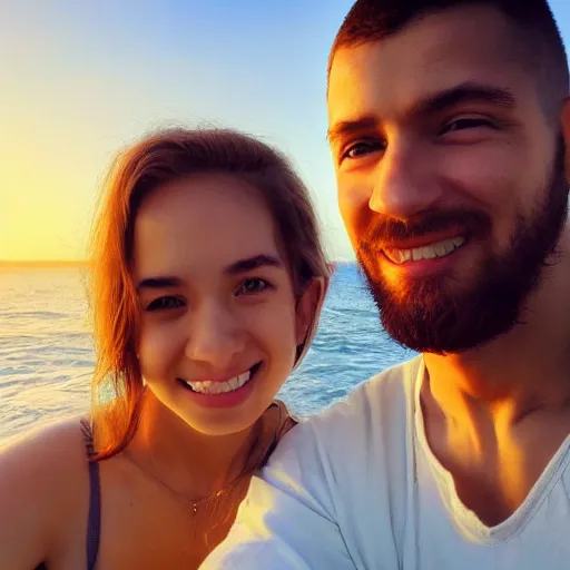 Image similar to beautiful serene intricate portrait of you and me taking a selfie, smiling softly, relaxing on the beach, golden hour, soft focus, 8 k, art by irakli nadar, hyperrealism, hyperdetailed, ultra realistic