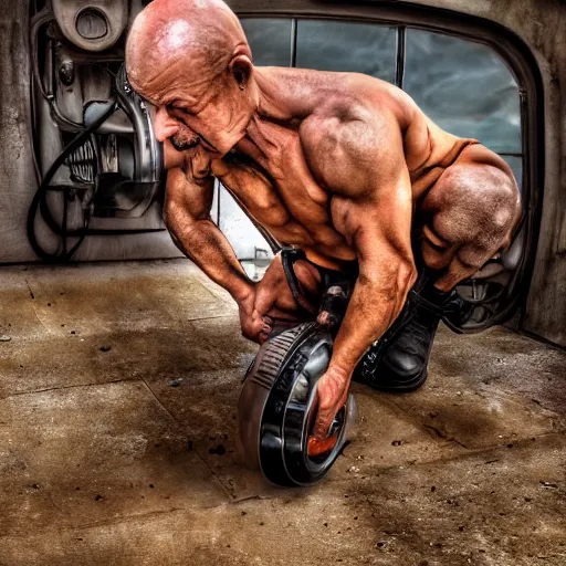 Image similar to a muscular bald man with engines on his back and drainage pipes from his arms, diesel engine, gasoline engine, combustion engine, high definition photograph