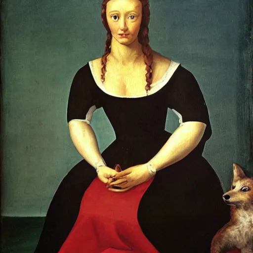 Prompt: the renaissance painting of a female anthropomorphic black fox, sitting and wearing a renaissance socialite dress