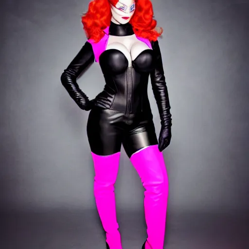Prompt: Fully-clothed full-body portrait of Christina Hendricks as catwoman with eyes covered, leather thigh-high boots, studio lighting, professional, 8K, neon pink leather