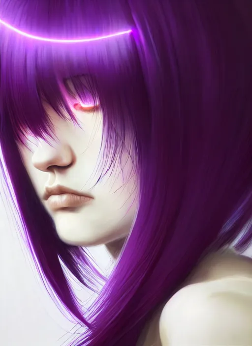 Image similar to hair whitebangs hair, black hair, whitebangs, portrait of teenage girl with white bangs, red irises, purple clothes, white bangs, bangs are different color from hair, intricate, elegant, glowing lights, highly detailed, digital painting, artstation, concept art, smooth, sharp focus, illustration, art by wlop, mars ravelo and greg rutkowski