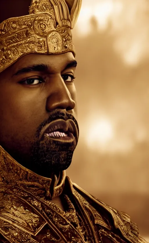 Image similar to Portrait of Kanye West as Emperor Napoleon in Skyrim, splash art, movie still, cinematic lighting, dramatic, octane render, long lens, shallow depth of field, bokeh, anamorphic lens flare, 8k, hyper detailed, 35mm film grain