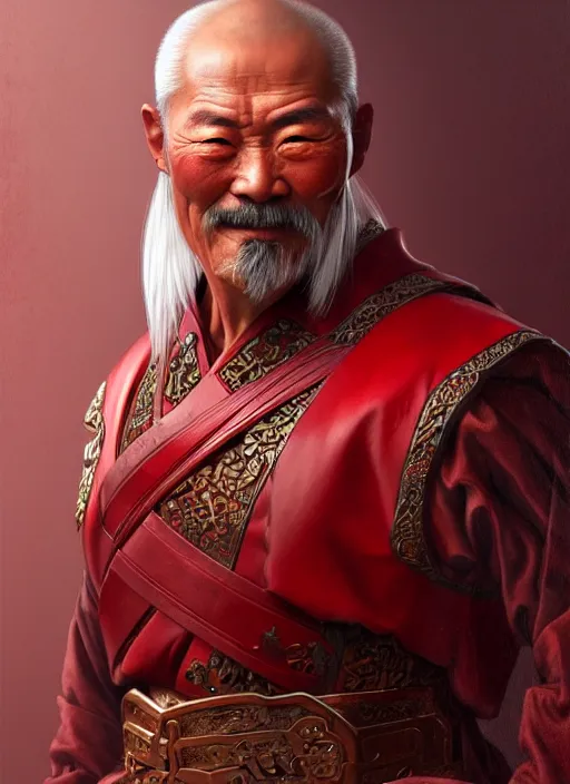 Image similar to portrait of an old Chinese warrior man, muscular, red leather robes! intricate, elegant, highly detailed, digital painting, artstation, concept art, smooth, sharp focus, illustration, art by artgerm and greg rutkowski and alphonse mucha