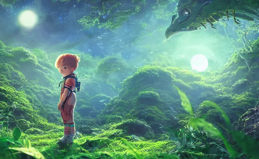 Image similar to a still of a cute adorable tiny astronaut, on a planet of lush foliage, with an enormous kaiju dragon surrounding, magical forest, sharp focus, neon backlit, highly detailed, disney pixar studio ghibli makoto shinkai, digital painting, matte, octane render, global illumination, iridescent, anime, 8 k concept art