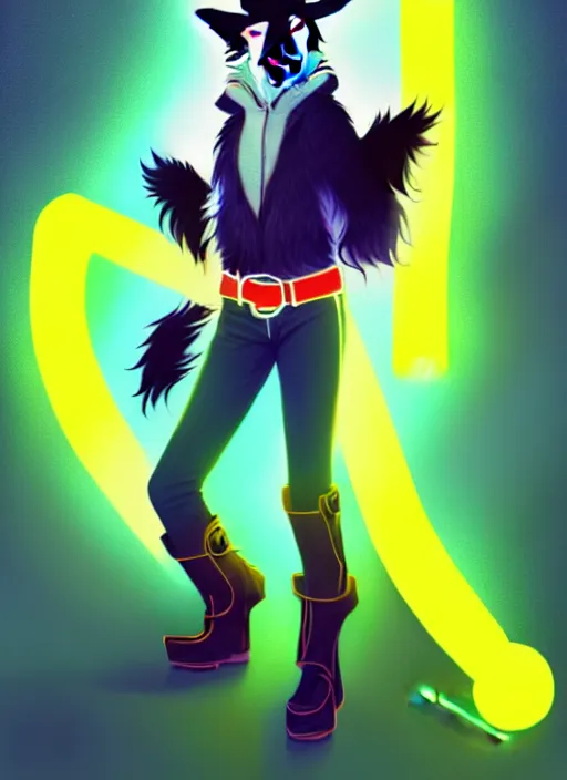 Image similar to wide angle beautiful full body portrait of a cute male anthropomorphic anthro border collie fursona wearing cowboy outfit in a neon metropolis, character design by charlie bowater, henry asencio, and ross tran, furry art, furaffinity, beautiful, glamor pose, detailed, aesthetic, trending on artstation