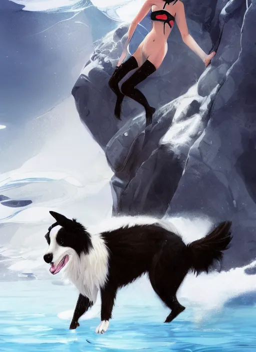Image similar to beautiful wide angle full body portrait of a cute male anthropomorphic anthro border collie fursona wearing a swimsuit in antarctica, character design by charlie bowater, henry asencio, and ross tran, scenic background, detailed, glamor pose, aesthetic, furry, trending on artstation, furaffinity, deviantart