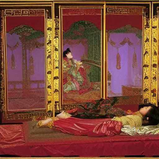 Image similar to the ornate bedchamber of a chinese princess, with screens and silks, by frederic leighton