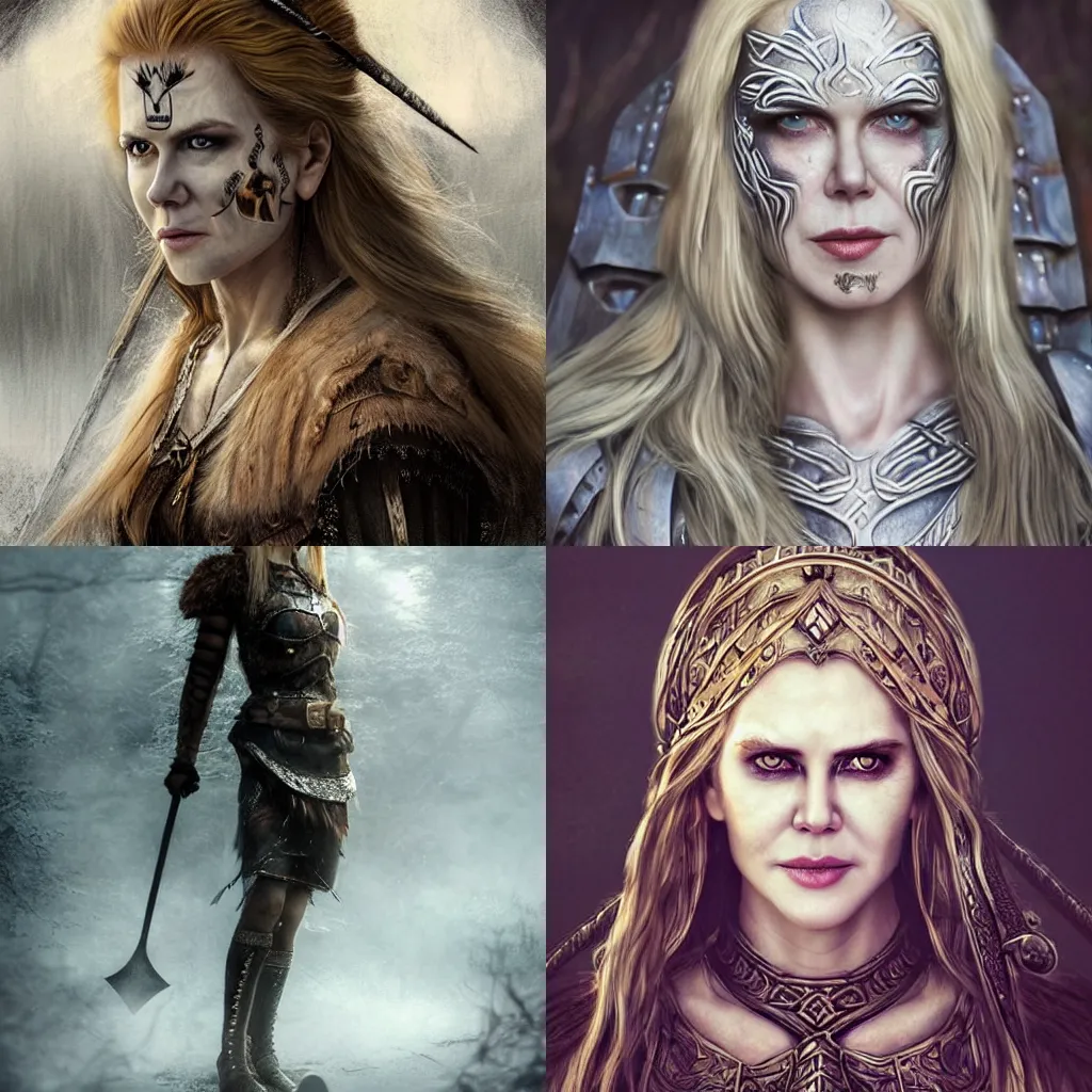Prompt: gorgeous female Nicole Kidman Viking Norse warrior, Nortic face paint, realistic character concept, full body shot, elegant pose, spooky, illustration, symmetrical face and body, realistic eyes, artstation, cinematic lighting, forest at night, hyperdetailed, detailed realistic symmetrical eyes, cgsociety, 8k, high resolution, Charlie Bowater, Tom Bagshaw, single face, insanely detailed and intricate, beautiful, elegant, vfx, postprocessing