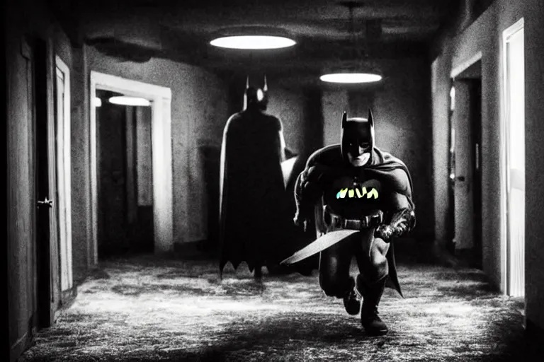 Prompt: batman wielding axe, chasing through hallway, creepy smile, atmospheric eerie lighting, dim lighting, bodycam footage, photograph