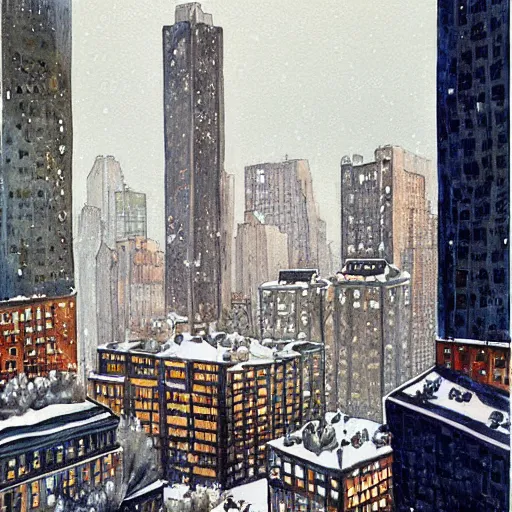 Image similar to modern loft overlooking central park in a blizzard, in watercolor gouache detailed paintings with white oil lines, moebius, art nouveau