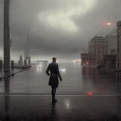 Prompt: steven armstrong on helipad during storm, hyperrealism, no blur, 4 k resolution, ultra detailed, style of dragan bibin, denis villeneuve, tyler edlin, greg rutkowski