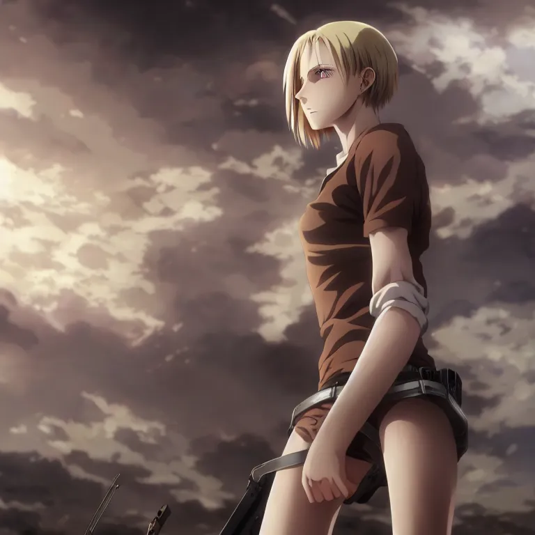 Prompt: annie leonhart full length wallpaper, anime screenshot, hyper realistic, pale skin, beautiful face, 1 0 8 0 p, rule of thirds, extreme detail, detailed drawing, trending artstation, hd, fantasy, realistic lighting, sharp focus, backlit, attack on titan scenery, photorealism, octane render, cinematic lighting