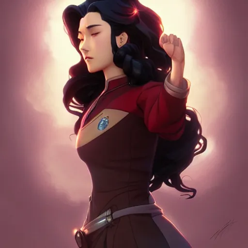 Prompt: Asami Sato from The Legend of Korra, fantasy, intricate, elegant, highly detailed, digital painting, artstation, concept art, matte, sharp focus, illustration, art by Artgerm and Greg Rutkowski and Alphonse Mucha