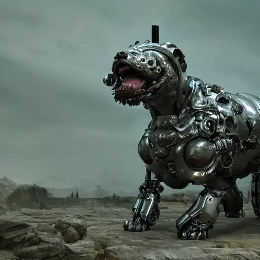 Image similar to hybrid of a cyborg dog and a steel golem kaiju, ultra detailed, 8 k, rule of thirds, professional lighting, unreal engine.