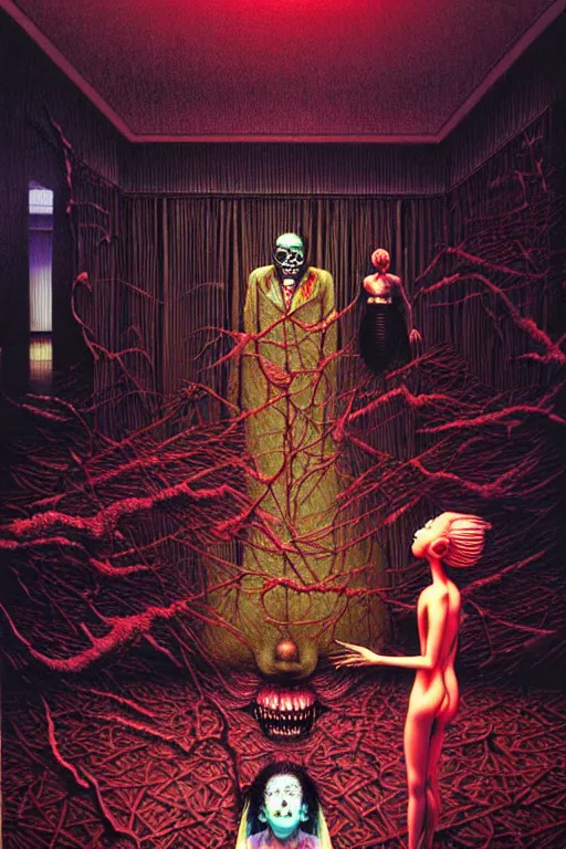 Prompt: a hyperrealistic painting of a haunted hotel lobby with scary maids and evil front desk clerk, cinematic horror by chris cunningham, lisa frank, richard corben, highly detailed, vivid color, beksinski painting, part by adrian ghenie and gerhard richter. art by takato yamamoto. masterpiece