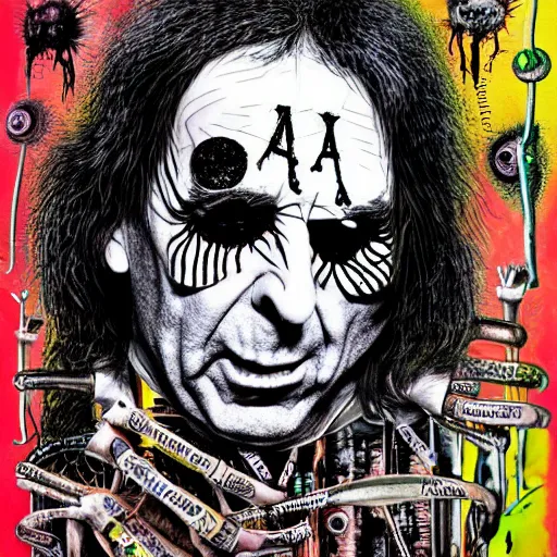 Image similar to graphic illustration, creative design, alice cooper, biopunk, francis bacon, highly detailed, hunter s thompson, mixed media