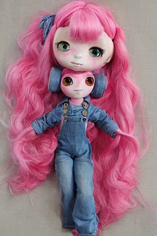 Prompt: cute jerryberry doll in overalls and pink hair greg rutkowski