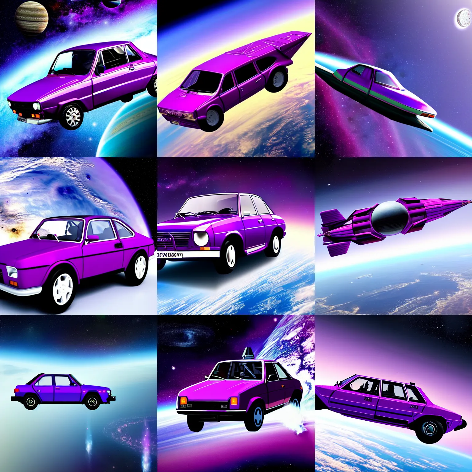 Image similar to purple lada 2 1 0 9 in space in orbit of the planet earth, lada 2 1 0 9 looks like a spaceship, hyper detailed, hight detailed, futuristic, ultra realistic, no blur, 8 k