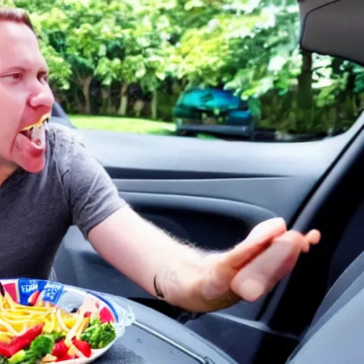 Prompt: food reviewer sitting in their car eating rotten flesh