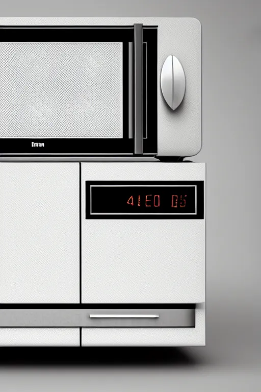 Prompt: Gorgeous 3D render of the Braun Microwave designed by Dieter Rams in the style of the Braun T3 Pocket Radio