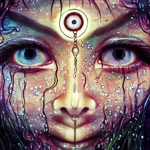 Image similar to wet three eyed goddess, third eye in middle of forehead, wide wide shot, wet hairy bodies, wet feet in water, soft colors, wet eye in forehead, pins, very detailed, wet eyes reflecting into eyes reflecting into infinity, beautiful lighting