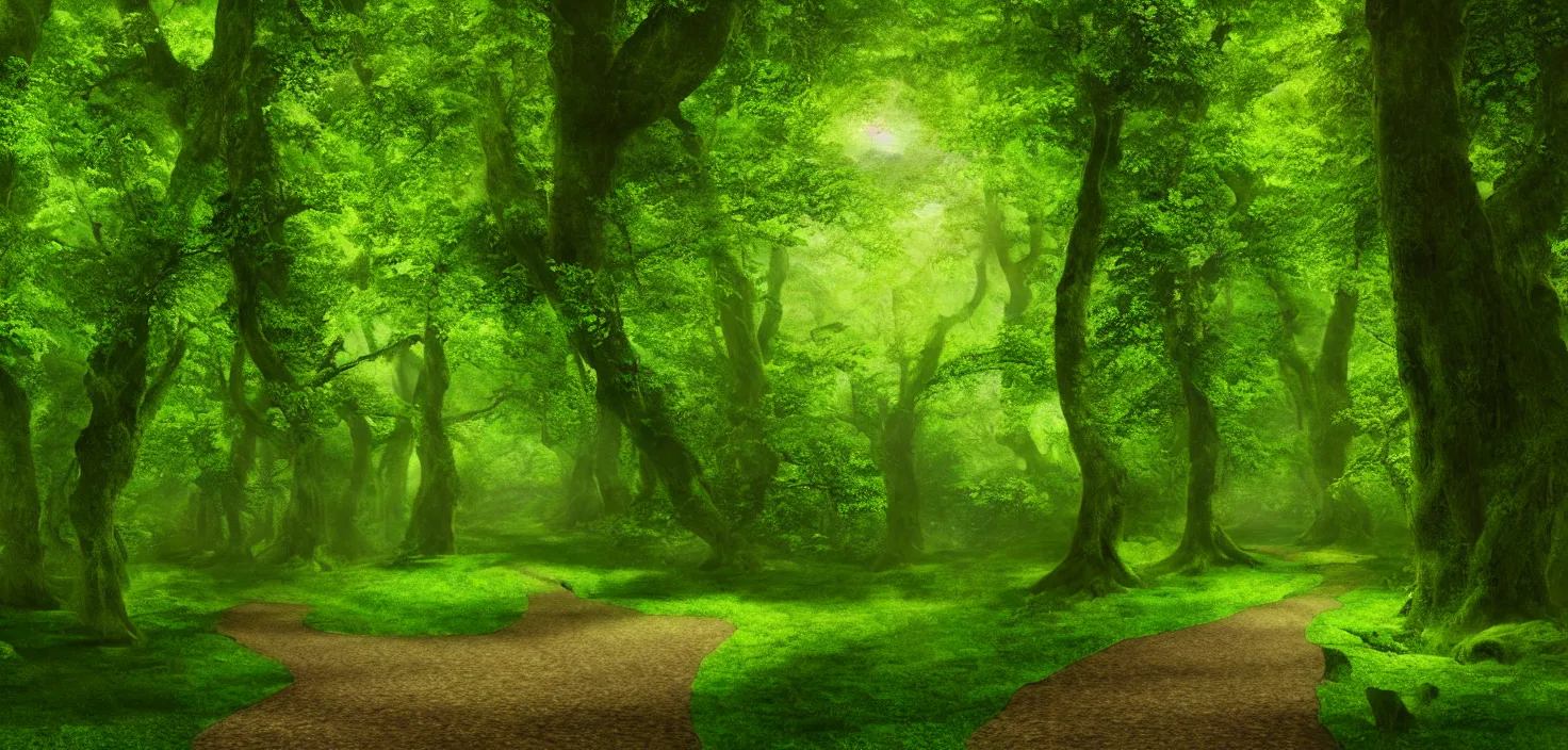 Image similar to a wooden path in the middle of a lush green forest, a detailed matte painting by john eyre, shutterstock contest winner, magical realism, enchanting, matte painting, mystical