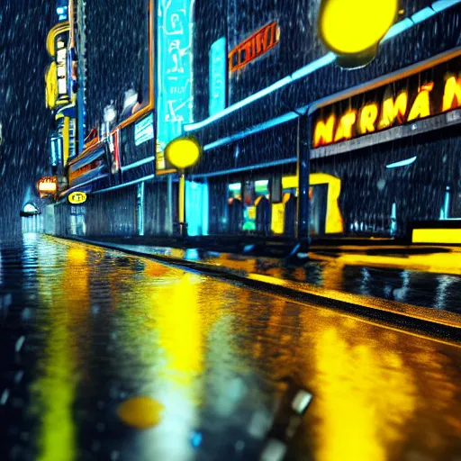 Image similar to highly detailed photorealistic batman in rain, cyberpunk city street, blue and yellow neon lights, highly detailed reflection, studio quality 8k ultra high definition render, trending on ArtStation, concept