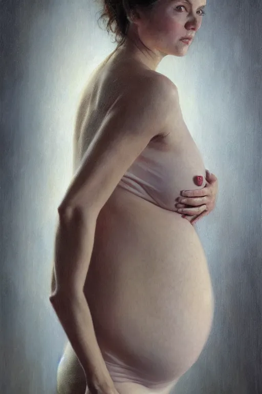 Image similar to pregnant woman in t-shirt by Alyssa Monks, Gaston Bussiere, Stanley Artgerm. full-shot, urban dystopia, hyper realism, realistic proportions, dramatic lighting, high detail 4k