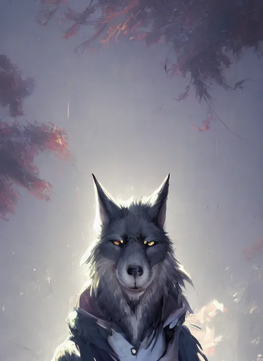 Image similar to beautiful portrait of a black male anthropomorphic wolf fursona long red hair. character design by cory loftis, fenghua zhong, ryohei hase, ismail inceoglu and ruan jia. artstation, volumetric light, highly detailed, photorealistic, fantasy, rendered in octane