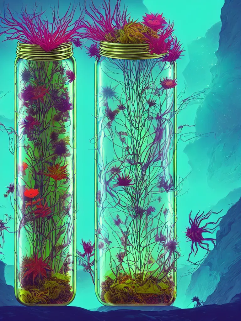 Image similar to concept art. illustration. sci - fi. multicolour strange weird plants and flowers from a different planet in a closed jar. high sci - fi. holographic, beautiful, ethereal