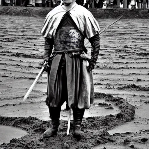 Image similar to Medieval squire with medieval clothes. Standing in the mud. Black & White photo.