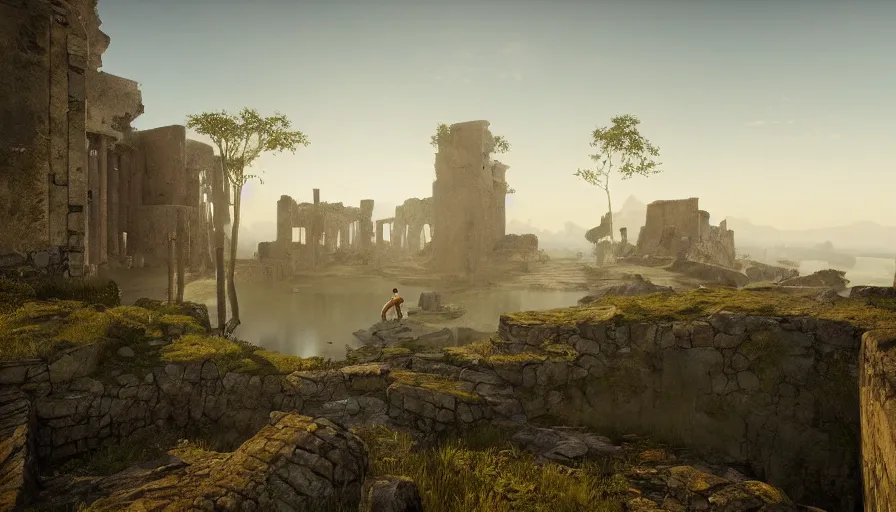 Image similar to a land of ruins of lost civilization with a distant fort in the middle, pure gold pillars, water tunnels below and a magical time gate to another dimension, a man wearing a white robe standing watching over, dramatic lighting, dawn, by caspar david friedrich, unreal engine 5