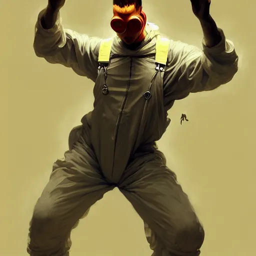 Image similar to character concept portrait of a man in a hazmat suit dancing with a voluminous woman in shirt and overalls, intricate, elegant, digital painting, concept art, smooth, sharp focus, illustration, from metal gear, by ruan jia and mandy jurgens and william - adolphe bouguereau, artgerm