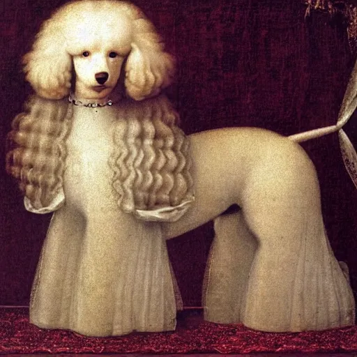 Prompt: portrait of a white poodle as an italian queen, painting by leonardo da vinci