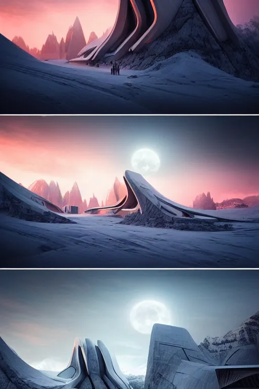 Image similar to zaha hadid buildings in the middle of a planet hoth star wars scene in the mountains with a crescent moon, trending on artstation, wooly mammoths walking, cinematic matte painting, stormy weather, pastel sunset in the craggy dolomites, extreme detail photo quality, dark moody colors, featured on behance