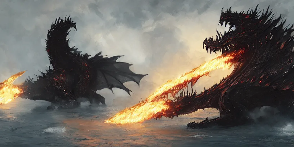 Prompt: A vicious black dragon breathes flames on a Spanish Galleon concept art by Greg Rutkowski,