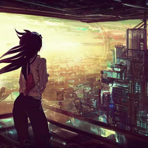 Image similar to android mechanical cyborg anime girl overlooking overcrowded urban dystopia. long flowing hair. gigantic future city. pitch black night. raining. makoto shinkai. wide angle. distant shot. dark and dreary.