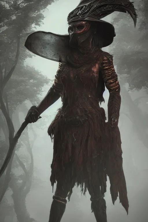 Prompt: highly detailed full body character art of a high fantasy cyclops sorceres eyes covered by a pointy mage hat, full body, highly detailed, photo realistic, dark fantasy atmosphere, foggy, 8 k, octane render, unreal engine