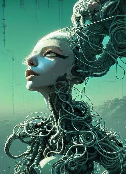 Prompt: highly detailed portrait of a biopunk long curly white hair tribal lady, stray wiring by atey ghailan, james gilleard, by joe fenton, by greg rutkowski, by greg tocchini, by kaethe butcher, 4 k resolution, gradient green, black and white color scheme!!! ( ( irradiated robotic wasteland background ) )