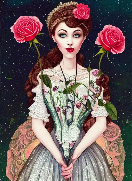 Prompt: a full body portrait of a woman in victorian clothing holding a rose, a surrealist painting by Jasmine Becket-Griffith, pinterest, pop surrealism, whimsical, art on instagram, surrealist