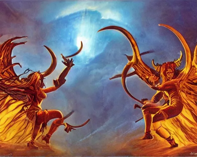 Prompt: horned - devil and female - angel fighting each other in mirrored pose, dramatic lighting, 8 k, high quality, hyper realistic, 3 5 mm photography, epic action fantasy masterpiece by michael whelan, robert t. mccall, chesley bonestell and james gurney, colorful highlights
