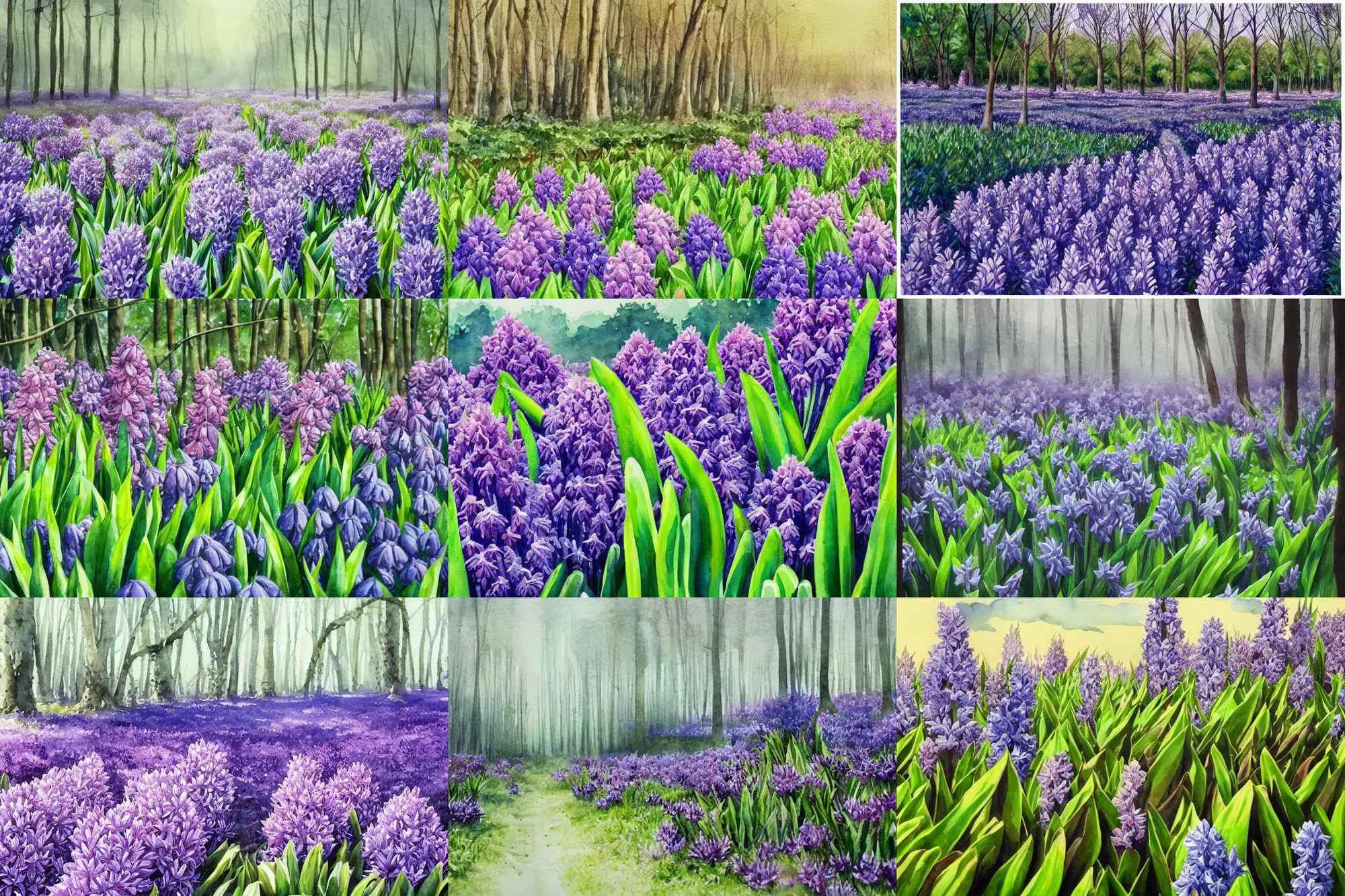 Prompt: Hyacinth forest, high quality watercolors, award winning, trending on ArtStation