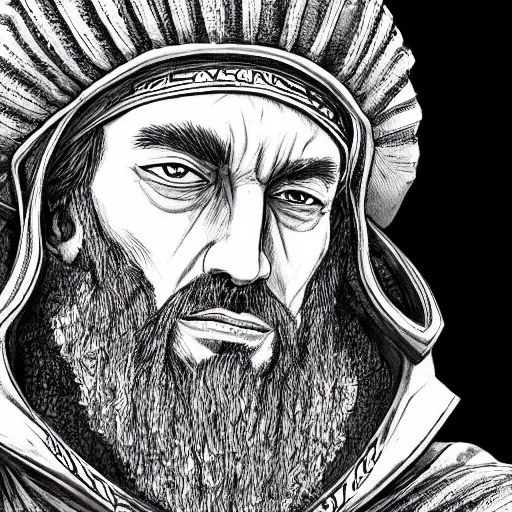 Image similar to a close up portrait of an old Sultan Saladin, art station, highly detailed, concept art, sharp focus, illustration in pen and ink, wide angle, by Kentaro Miura